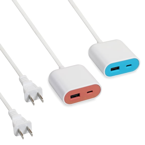 UCOMEN Portable Charging Station with 2 USB Ports and 1.5m Cable - 2 Pack (Blue & Pink)