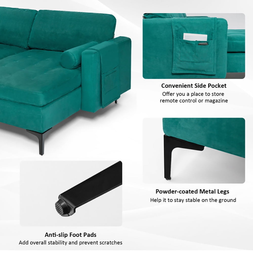 Finihen L-shaped Sectional Sofa Couch, Modular L-shaped 3-Seat Sectional Sofa with Reversible Chaise and 2 USB Ports, for Living Room, Teal Finihen L-shaped Sectional Sofa Couch, Modular L-shaped 3-Seat Sectional Sofa with Reversible Chaise and 2 USB Ports, for Living Room, Teal