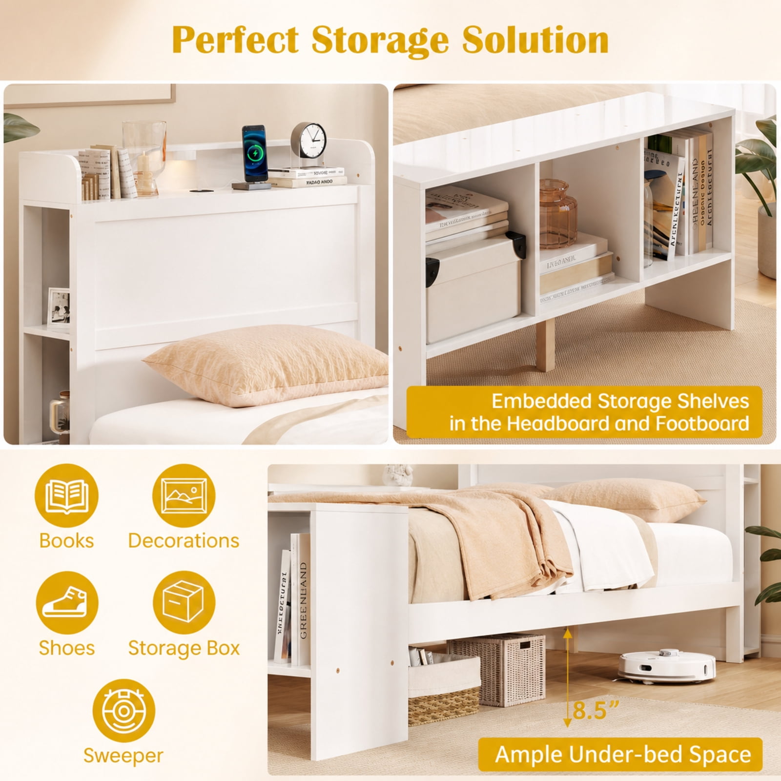 Furnibear Twin Size Bed Frame with Storage Headboard Footboard 2 USB Ports and 3 Color Adjustable LED Lights No Box Spring Needed, White