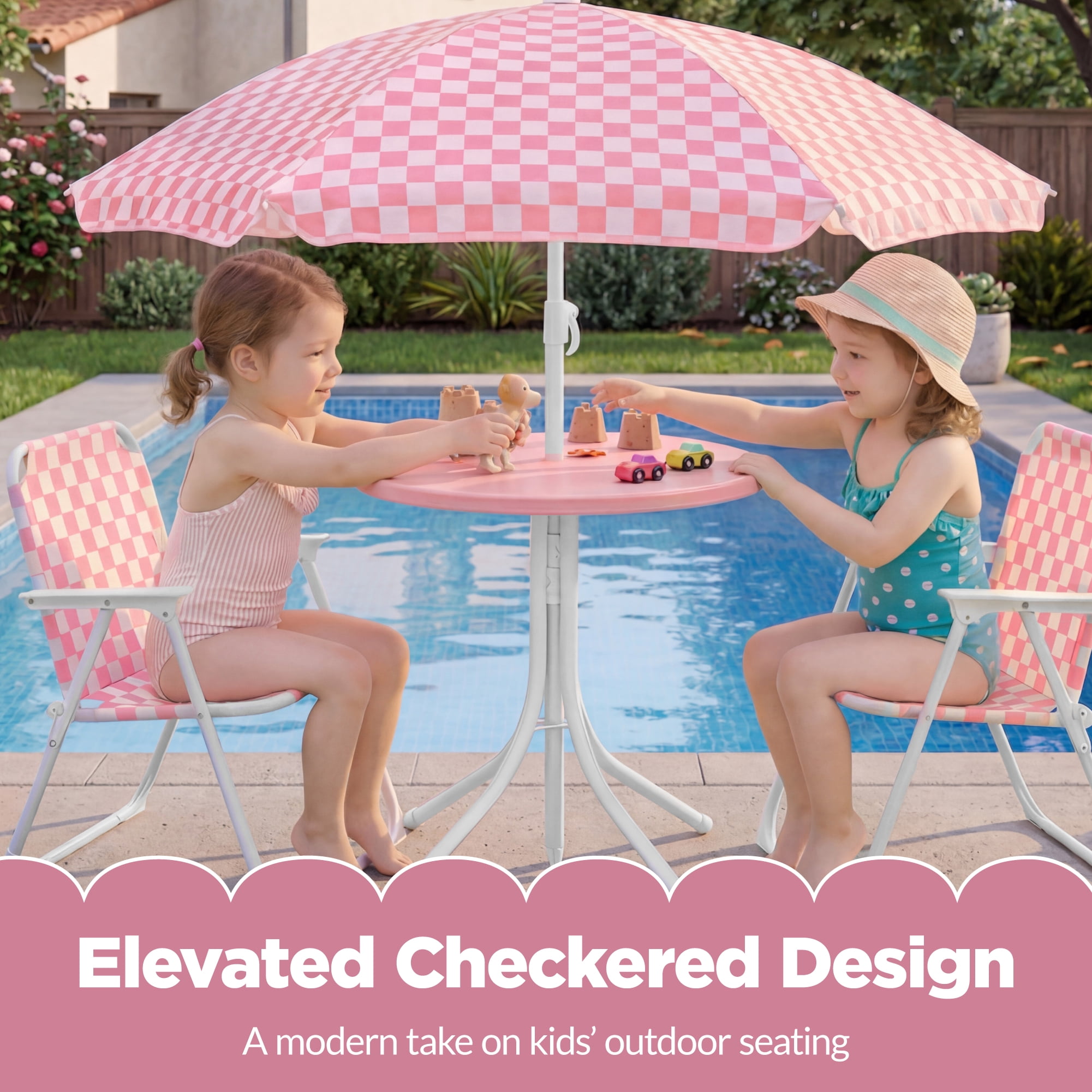 Best Choice Products Kids Outdoor Table and Chair Set with Umbrella, 3-Piece Foldable Toddler Picnic Set Ages 2-5 - Pink