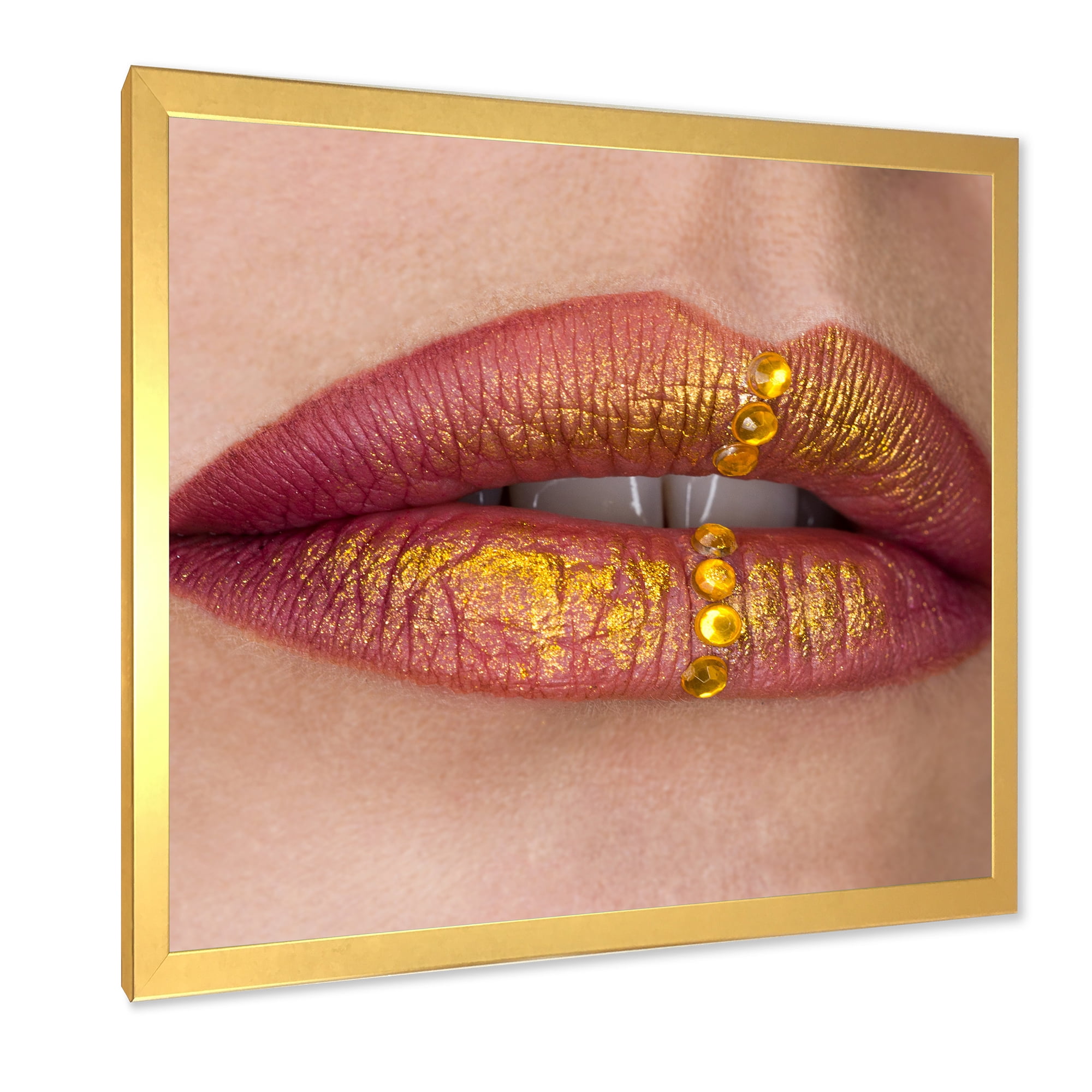 Designart 'Woman Lips Close-Up With Red Lipstick, Gold Paint' Modern Framed Art Print
