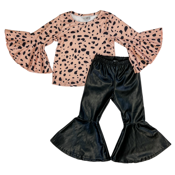 Dash of Glitter Girls Long Sleeve Cheetah & Faux Leather Bell Pant Set, Sizes 2T-10