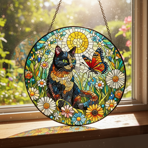 ViciArt Tortoiseshell Cat Glass Suncatcher, Calico Cat Window Hanging, Cat Lover Gift, Floral Decor