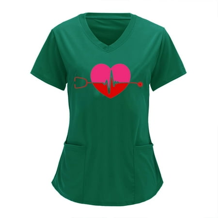 

SMihono Women s Fashion Tunic Scrub Tops With Pockets Flash Picks 2023 V Neck Shirts Nurse Blouse Working Uniform Blouse Short Sleeve Womens Tops ECG Love Print Tees Trendy Summer Green 8