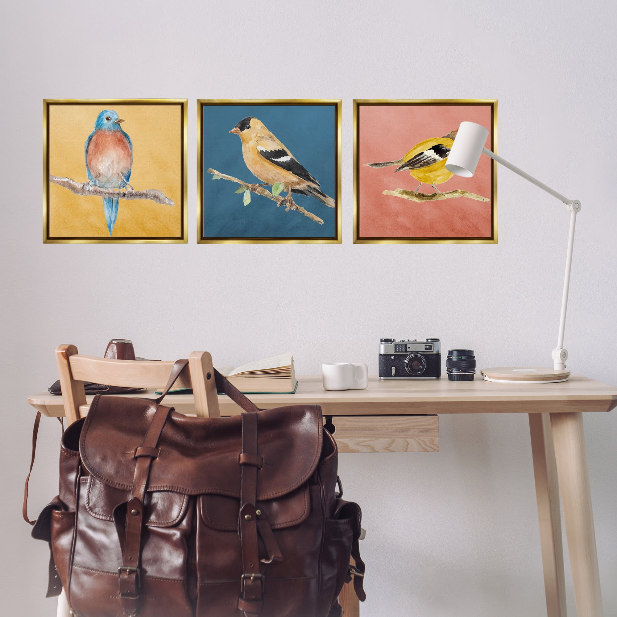 Stupell Industries Brilliant Birds on Branches Animals Painting Gold Floater Framed Canvas Art Print Wall Art, 18 x 18, Set of 3