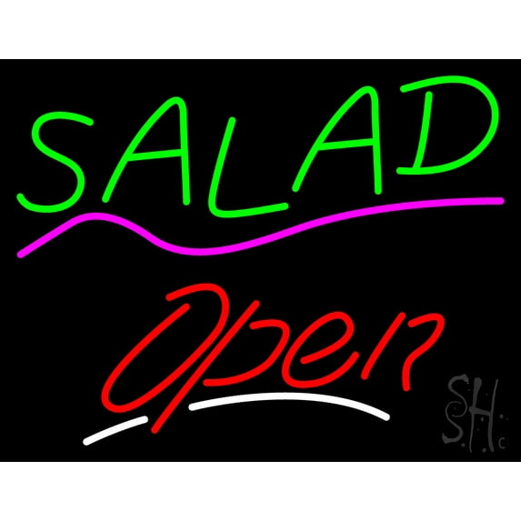 Salad Open White Line LED Neon Sign 15 x 19 - inches, Clear Edge Cut Acrylic Backing, with Dimmer - Bright and Premium built indoor LED Neon Sign for restaurant window and interior decor.