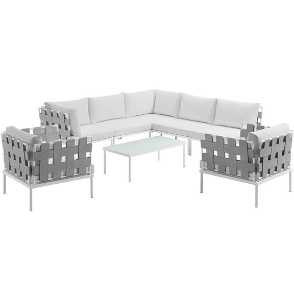Modern Contemporary Urban Design Outdoor Patio Balcony Eight PCS Sectional Sofa Set, White, Rattan