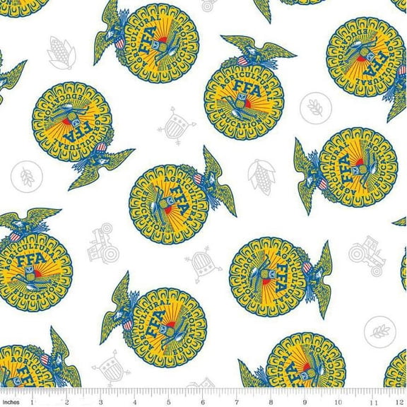 Cotton FFA Forever Blue Agriculture Badge Future Farmers of America Officially Licensed by Riley Blake Cotton Fabric Print by the Yard (C15850)
