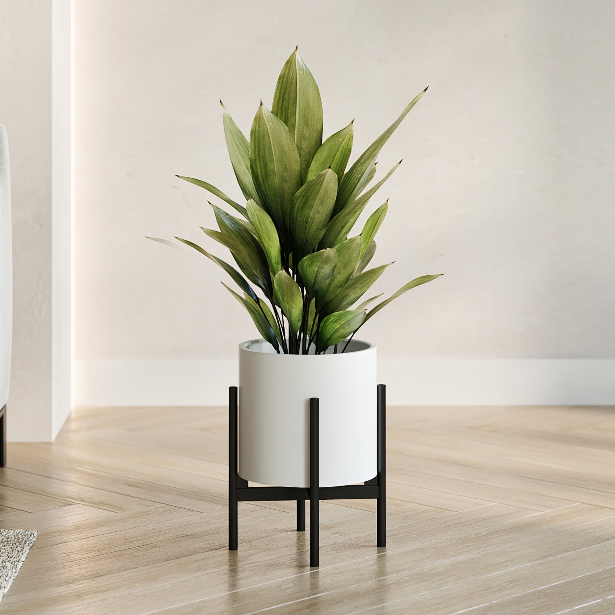 Raya White Mid-Century Modern Indoor Metal Pot Planter with 4-Leg Metal Base - 12" H x 9.5" W