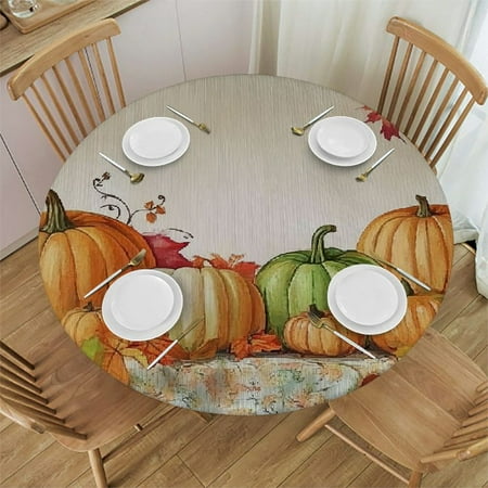 

FUMJ Pumpkins Leaves Table Cloth Outdoor Fitted 100% Polyester Fiber Round Table Cover 46 -50