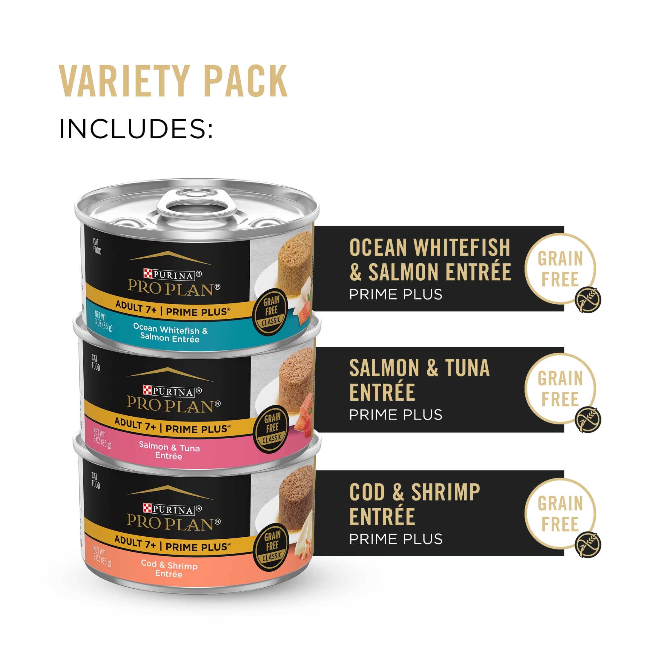 Purina Pro Plan, Grain-Free Seafood Variety Pack, Wet Cat Food for Senior Cats, 3 oz Cans