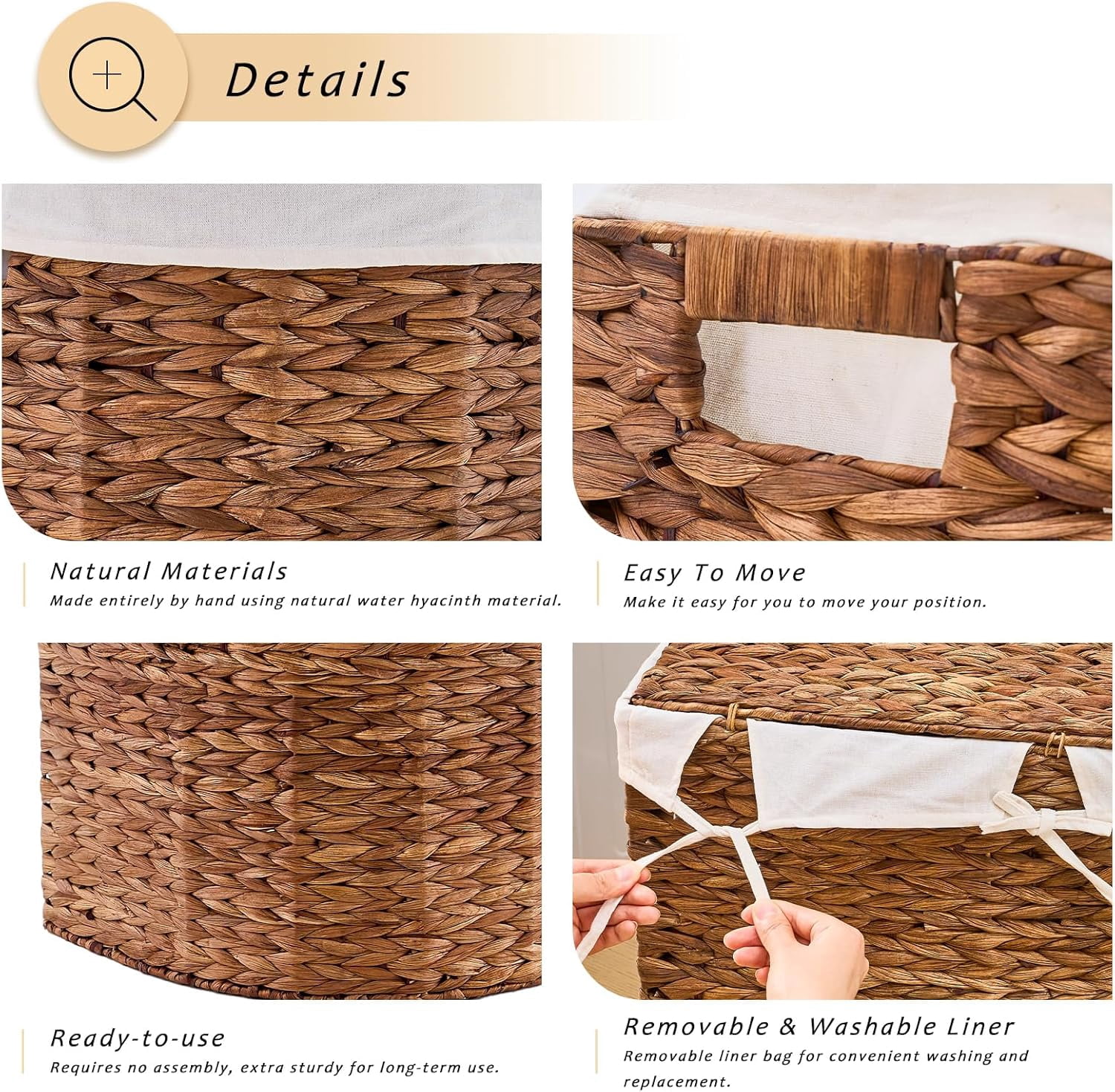Casa Pura Furniture Espresso Half Round Wicker Laundry Hamper with Lid and 2 Removable Liner Bags, Handwoven Water Hyacinth Dirty Clothes Storage Basket