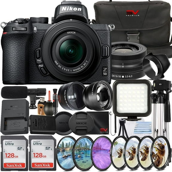 Nikon Z50 Mirrorless Camera   SanDisk 128GB Memory Card   Pistol Grip Tripod   SV Premium Accessory Bundle (International Version)
