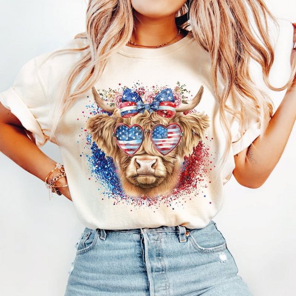 Western America Highland Cow t-shirt, America Shirt, 4th Of july Shirt, Western sublimation, American Flag Shirt, Usa Shirt, America Freedom TH300544