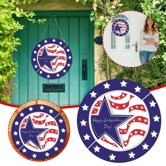 Guoxxzi Round Wooden Fourth of July Plaques, Welcome Door Sign, Independence Day Welcome Hanger Signs, for Happy Party Outdoor Home Wall Porch