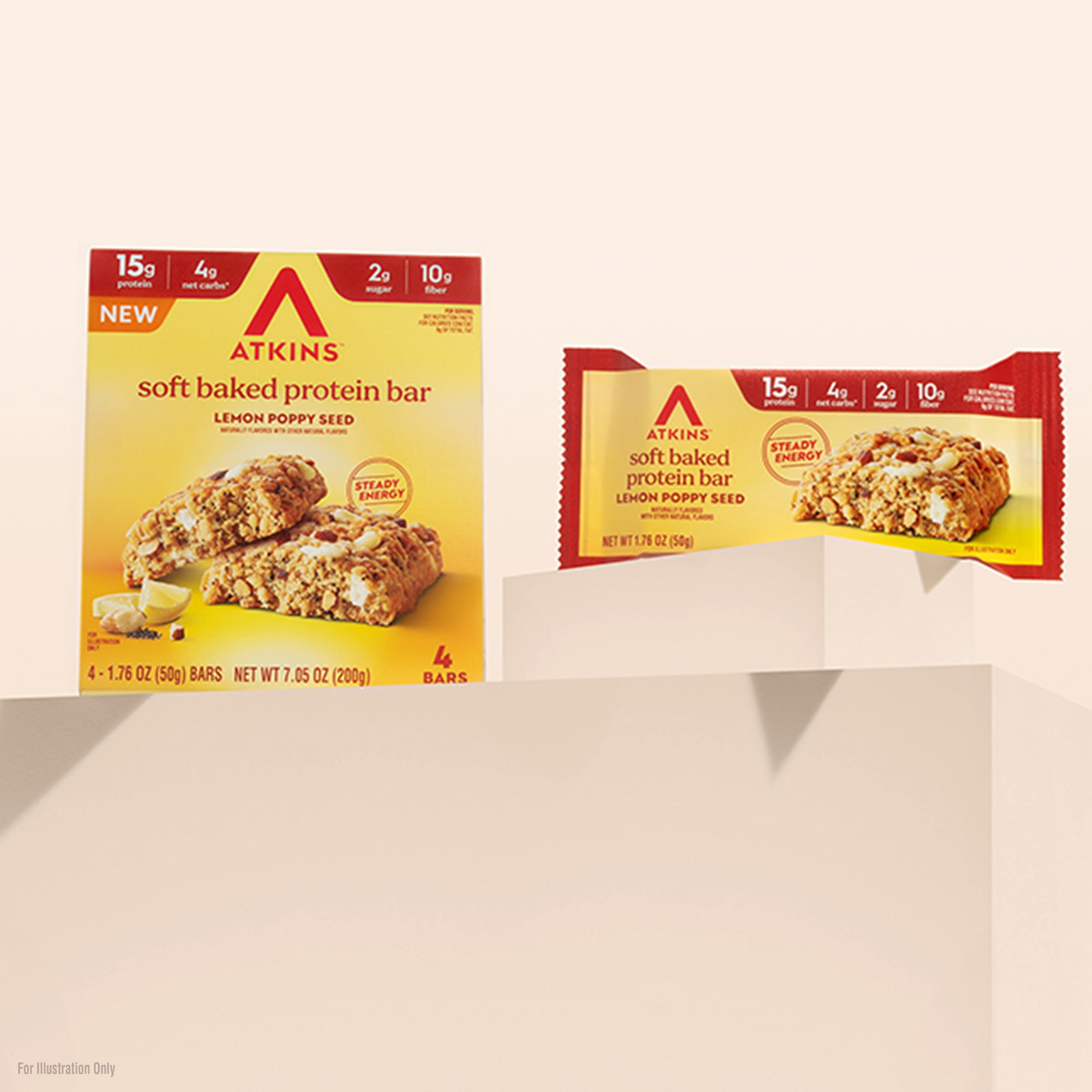 Atkins Soft Baked High Protein Bar,Lemon Poppy Seed Flavored, 15g of Protein, Keto Snack, High Fiber, Low Sugar Protein Bars, 4 Count