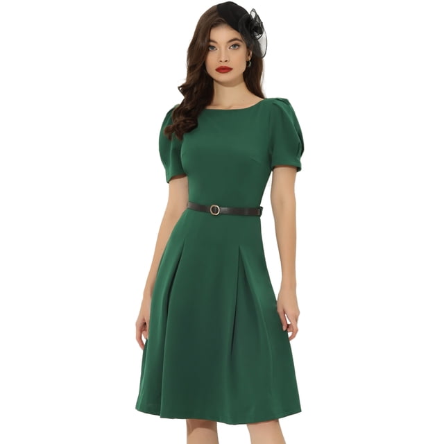 Vestido de trabajo elegante para mujer Vestidos de manga corta con cuello barco y cinturón Verde Oscuro XL