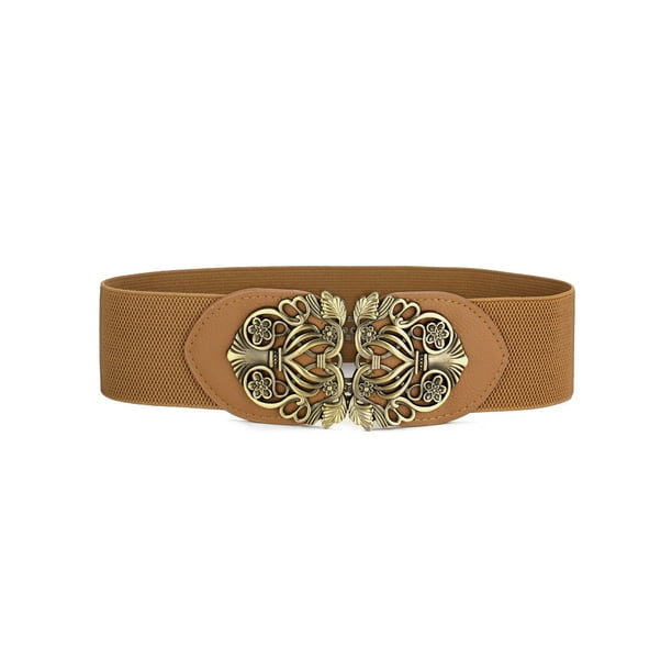 Cinturón elástico con hebilla entrelazada de metal tejido retro Inspire Chic, banda floral, banda marrón, hebilla bronce, 29"-41"