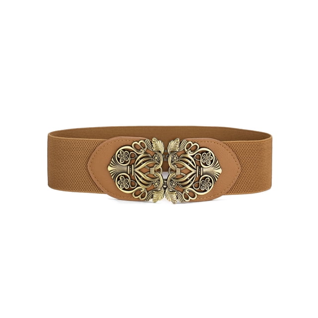 Cinturón elástico con hebilla entrelazada de metal tejido retro Inspire Chic, banda floral, banda marrón, hebilla bronce, 29"-41"