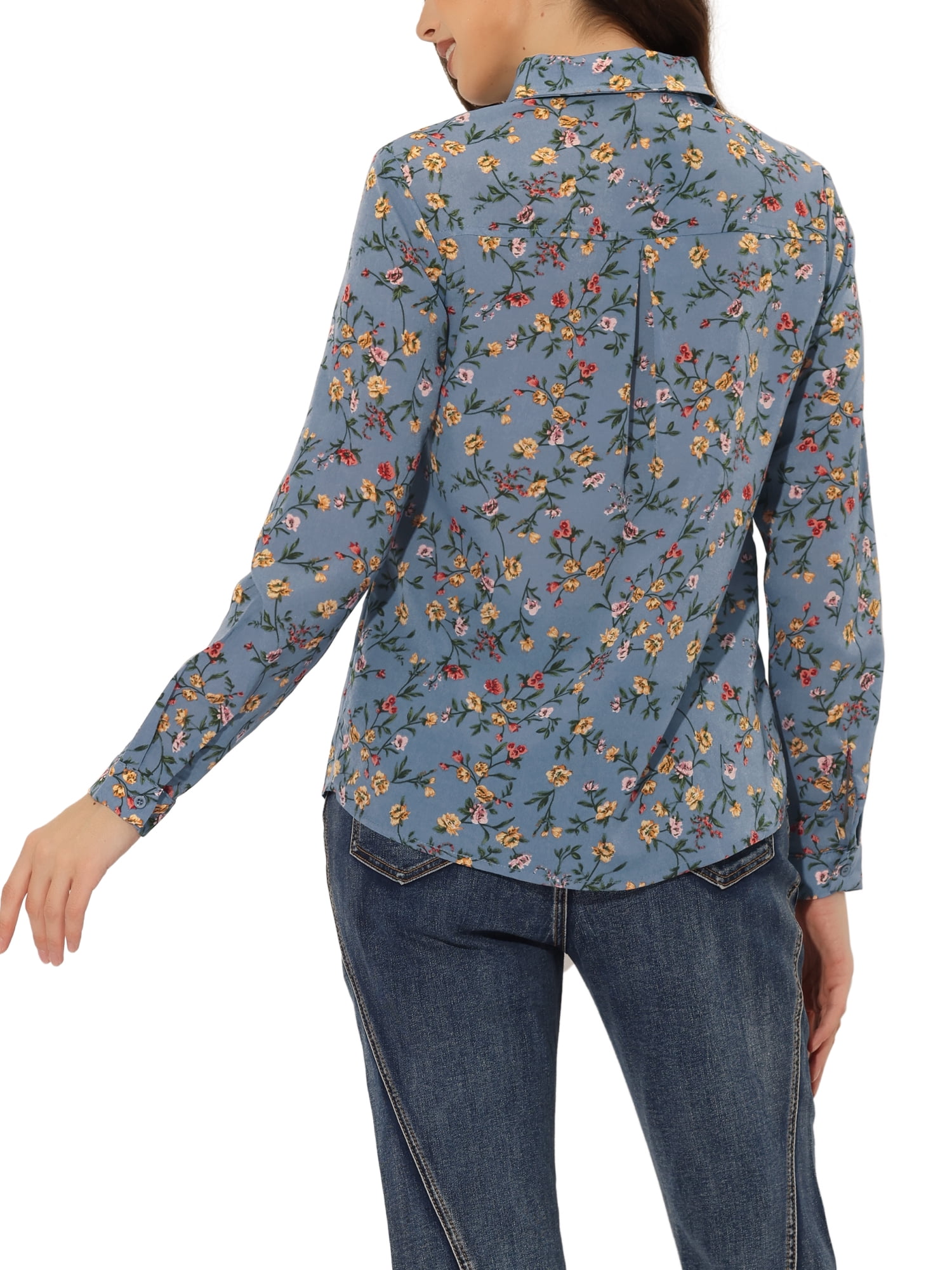 Unique Bargains Women's Long Sleeve Button-Down Ditsy Floral Shirt Top XL Gray Blue