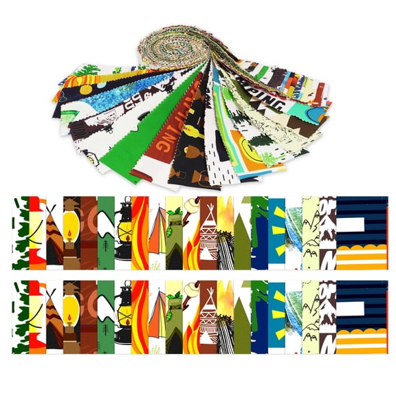 Soimoi 40Pcs Camping Print Precut Fabrics Strips Roll Up 1.5x42inches Cotton Jelly Rolls For Quilting - Multicolor