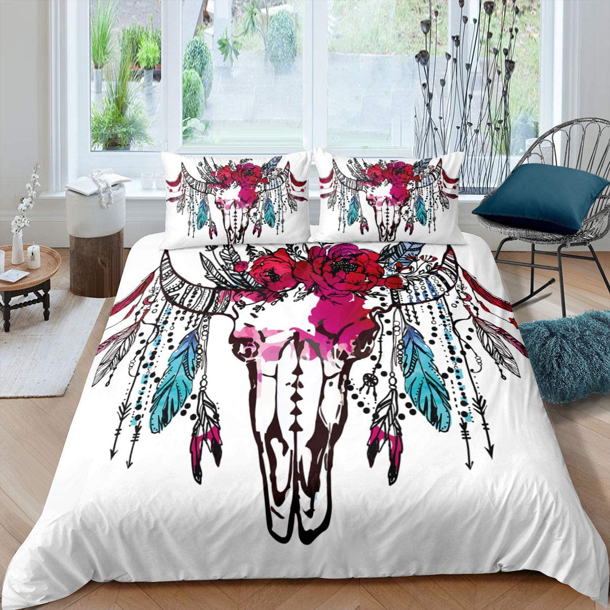 Galaxy Dreamcatcher Bedspread Boho Dream Catcher Coverlet Set Deer Skull Quilted Coverlet for Boys Girls Kids Starry Sky Room Decor Bohemian Colorful Feather Quilted Bedroom Collection Twin Size 