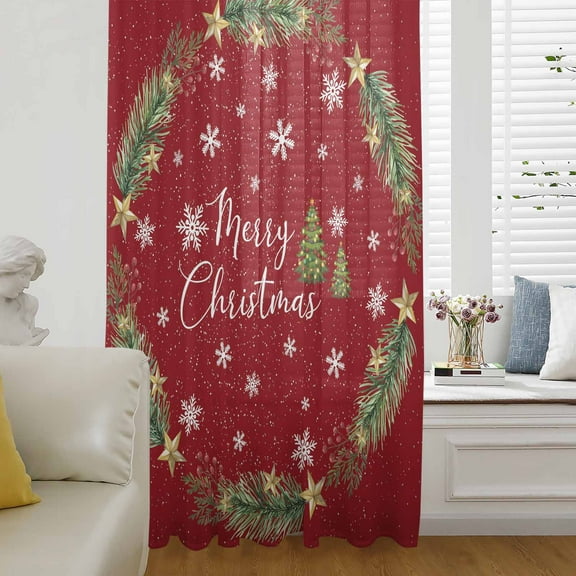 Merry Christmas Semi Sheer Curtains Drapes for Living Room,Bedroom,French Doors Window 108 Inches Long,Xmas Pine Branches Snowflakes New Year Rod Pocket Chiffon Curtain Drapery Voile Draperies Panel