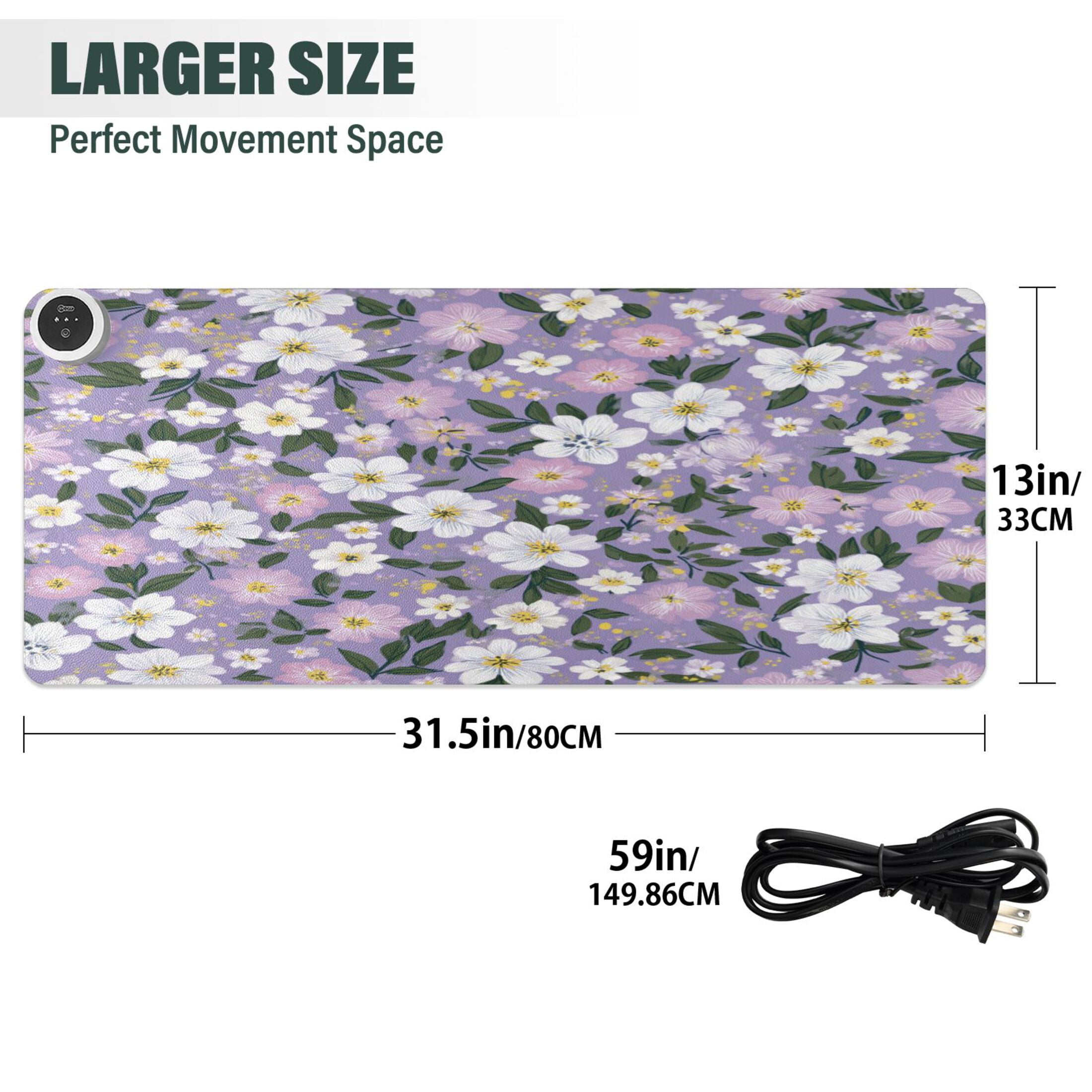 Large Heated Desk Mat Mouse Pad 31.5"x13"PU Leather Graphene Heating Desk Warmer with 3 Temperature Settings 110V US Plug Non-Slip Warm Pad for Home, Office, and Gaming Dainty Floral Seamless Print