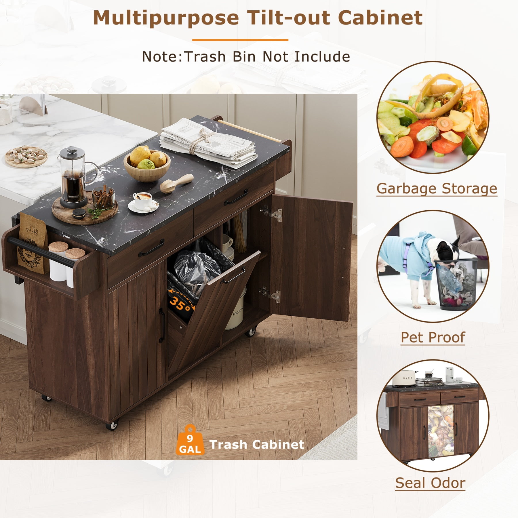 Alvantor Kitchen Island Carts with Trash Can, Rolling Buffet Cabinet with Drop Leaf,Spice Rack and Towel Rack for Dining Room Living Room Walnut