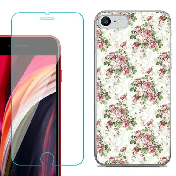 Slim-Fit Fashion Gel Phone Case for iPhone SE 2022, with Tempered Glass Screen Protector, by OneToughShield ® - Floral/Rose