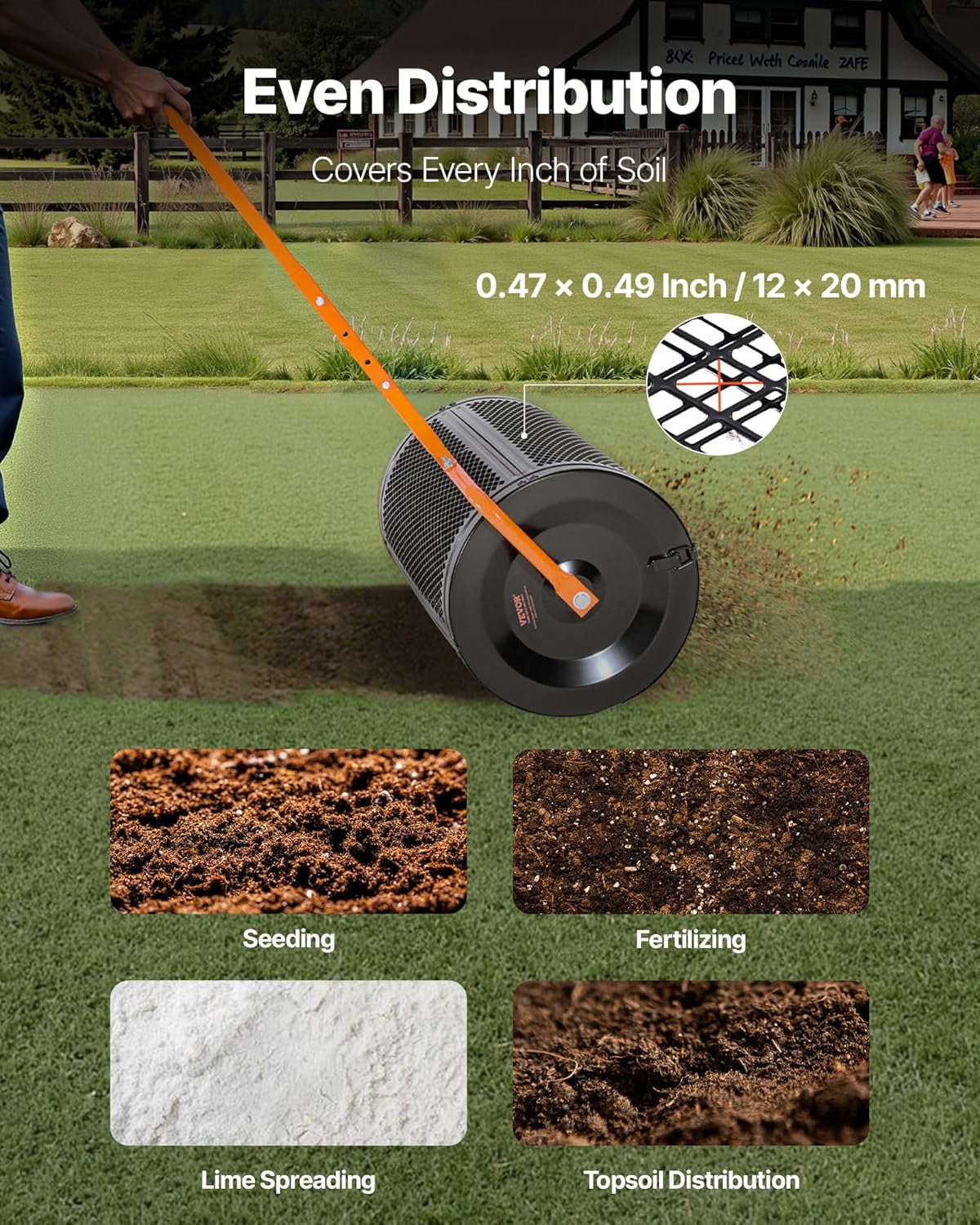 Garden Peat Moss Roller, Compost Spreader, 24 in Wide Heavy Duty Grass Seed Spreaders with T Shaped Handle, 3 Heights Adjustable, Powder-Coated Steel Peat Moss Spreader for Planting Seeding