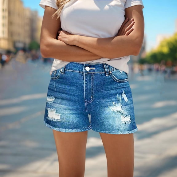 Comfortable Denim Shorts Women's Ripped Denim Shorts, Vintage High Waisted Frayed Hem Jean Shorts Summer Hot Pants Light Blue M