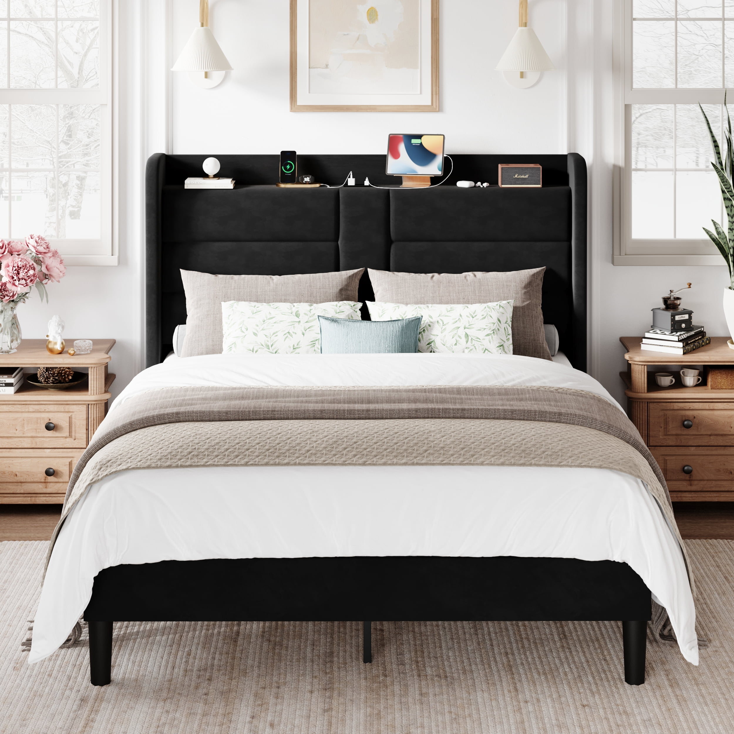 Amolife Full Size Upholstered Platform Bed Frame with Velvet Wingback Headboard & USB Charging Ports, No Box Spring Needed, Black