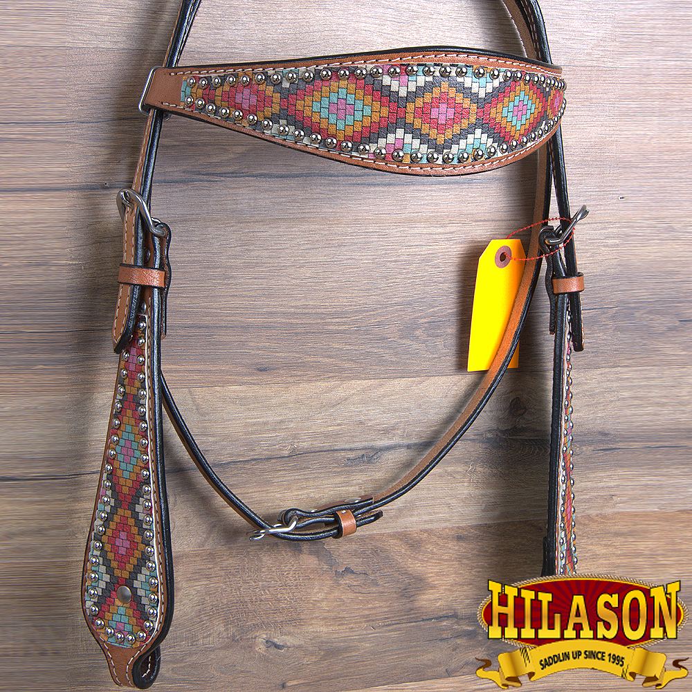Western Horse Headstall Tack Bridle American Leather Geometric Pattern