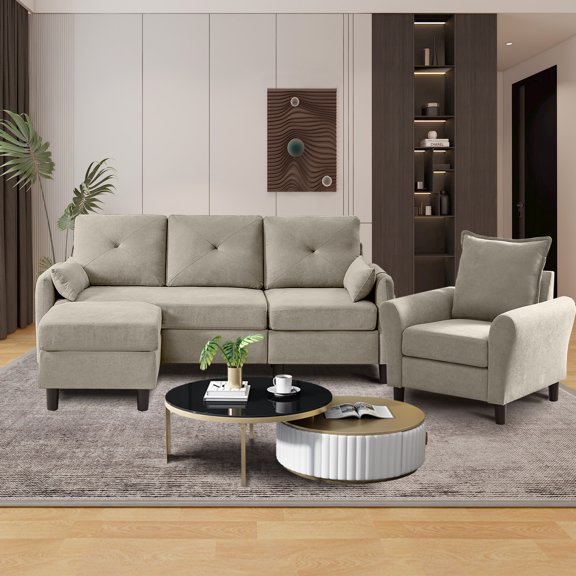 79" Convertible Sectional Sofa Set, Small L Shaped 3-Seat Couch with Reversible Chaise and Accent Chair, Modern Linen Sofas Couches for Living Room, Beige