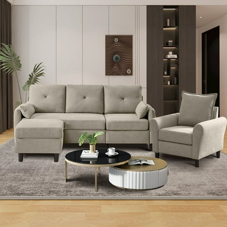 79" Convertible Sectional Sofa Set, Small L Shaped 3-Seat Couch with Reversible Chaise and Accent Chair, Modern Linen Sofas Couches for Living Room, Beige