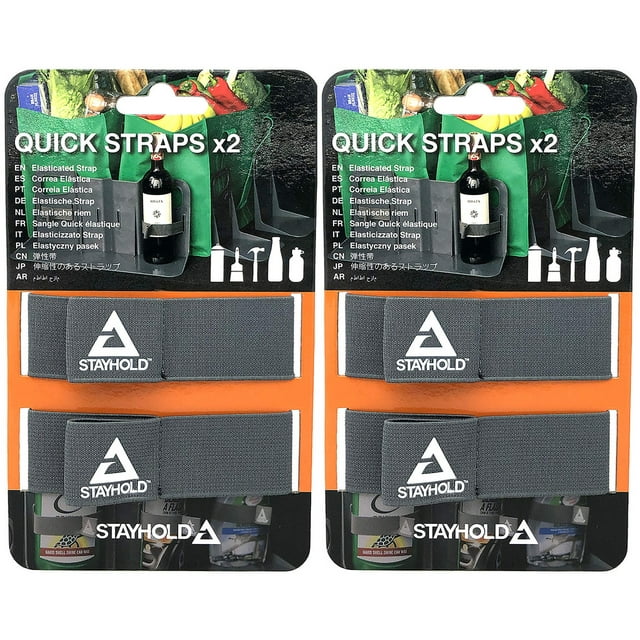 Stayhold Quick Strap for Securing Cargo, a pack of 4 strong and durable grey polyester organizer straps. The image shows two sets of Stayhold Quickstraps, each containing two elasticated straps with the Stayhold logo, displayed on orange and black packaging. Designed for securing items like bottles, cans, and boxes in car trunks, these straps feature quick pull tabs for ease of use and compatibility with Stayhold cargo organizers.