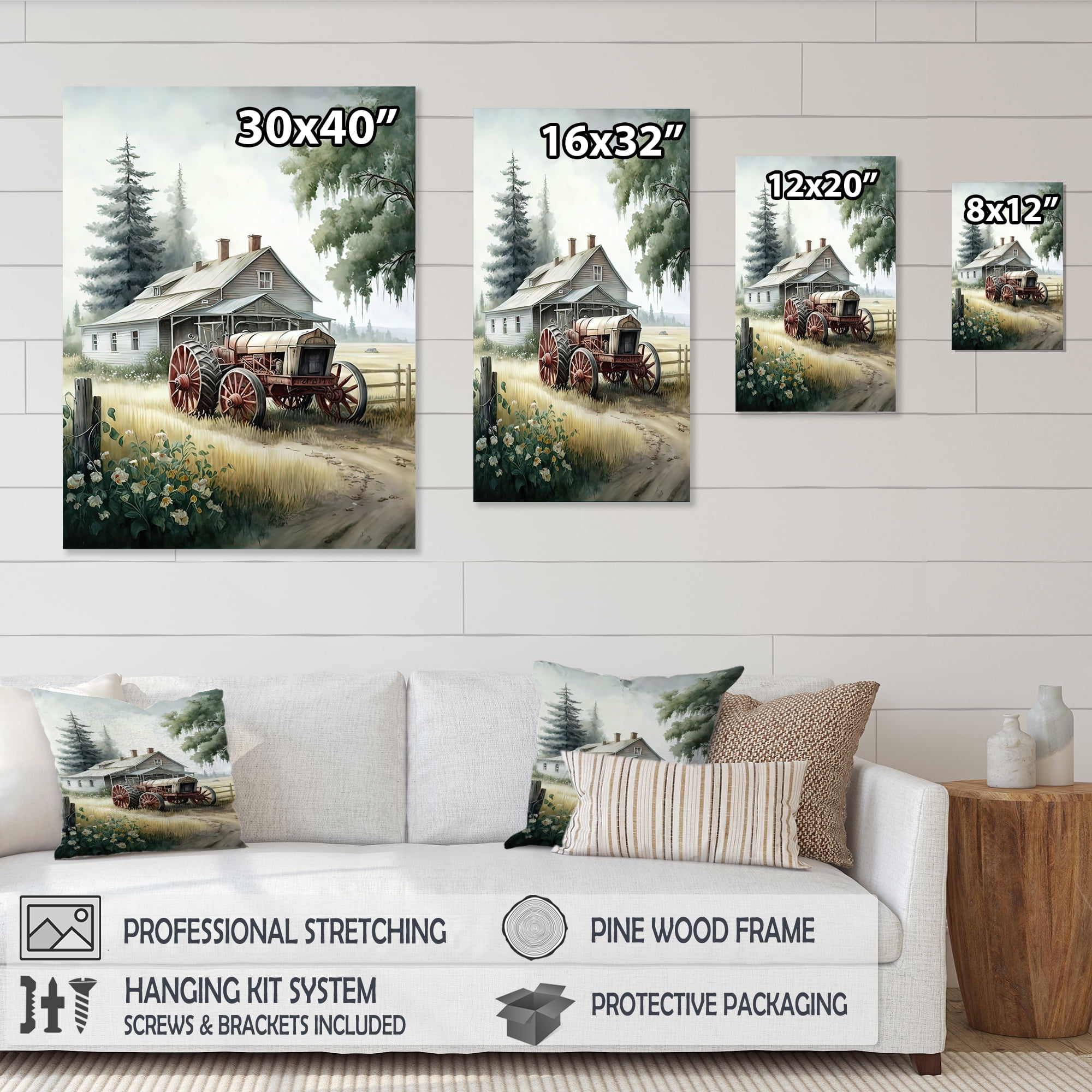 Designart Tractor At The Barn In Summer I Canvas Wall Art