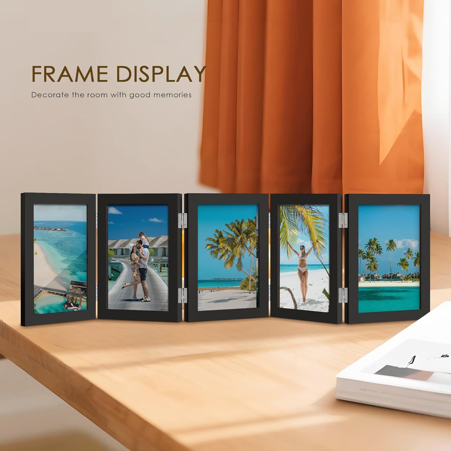 Meilimei 4x6 Picture Frame Collage - 5 Folding Multi Photo Frame, Horizontal Accordion Style with Plexiglass, Tabletop Bookshelf Display for 4x6 Pictures (Black)