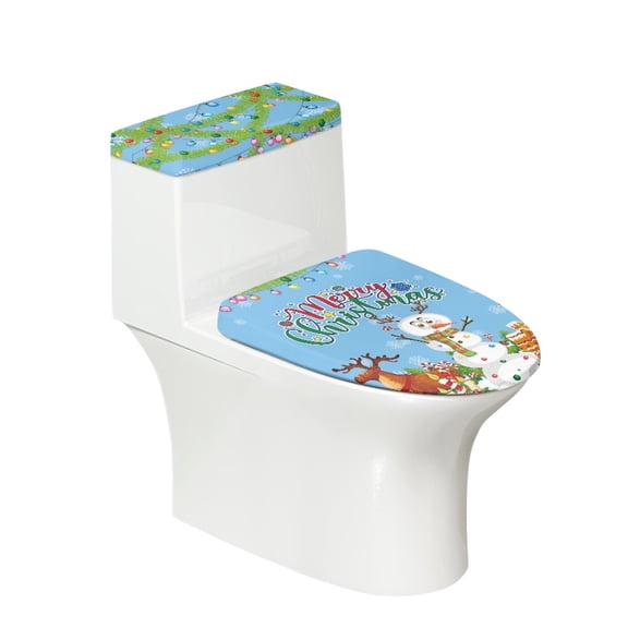 HELLHERO Merry Chrismas Polyester Fabric Bathroom Toilet Lid Cover Set for Hotel, Elastic Edge Dustproof Stays in Place, Stretch Fit, U-Shaped