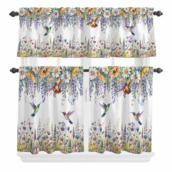 3 Piece Kitchen Curtains and Valances Set Watercolor Floral Cafe Curtains 36 Inch Length Spring Daisy Sunflowers Wisteria Hummingbird Valance & Tier Curtain for Living Room Bedroom 54"x18" 27"x36"*2