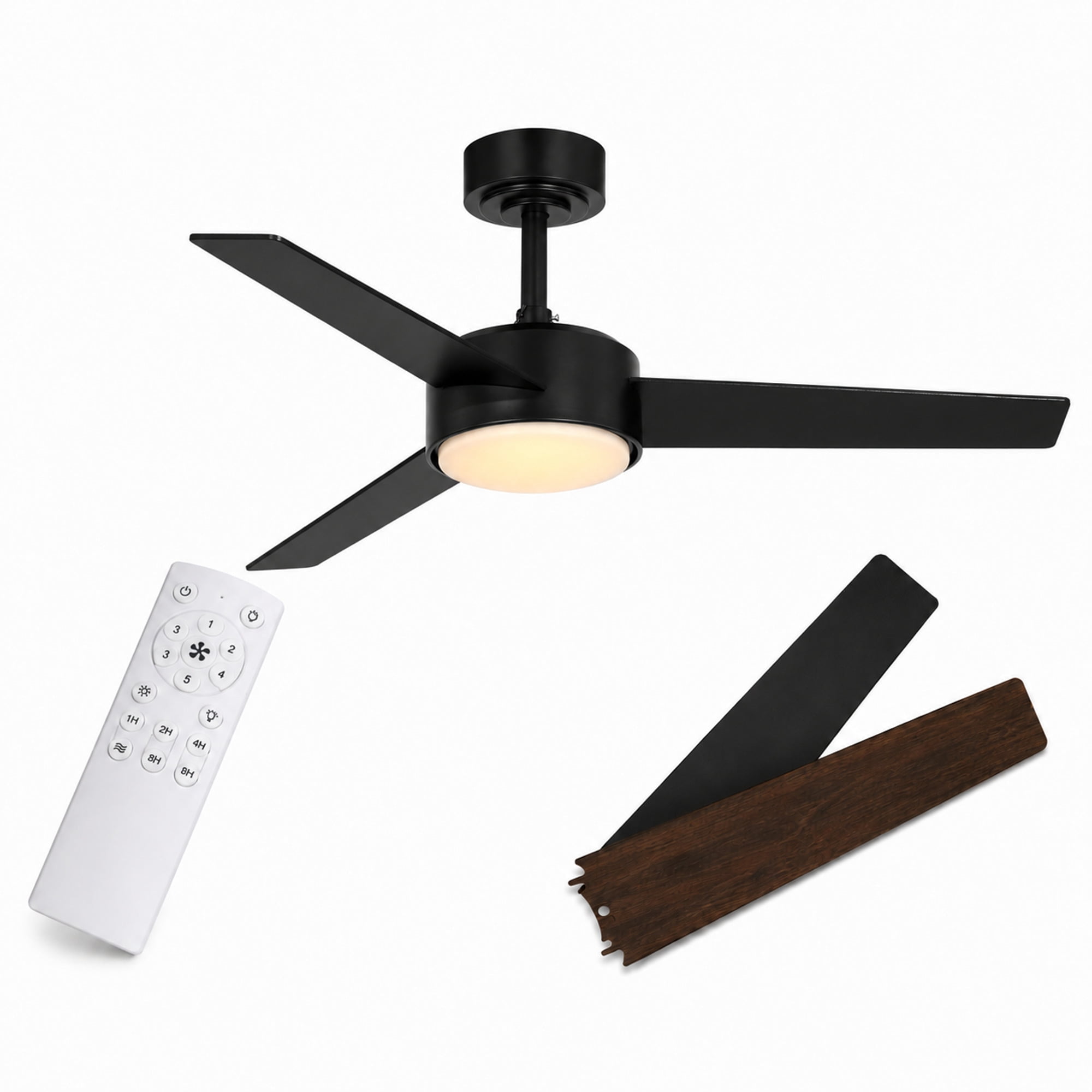 Mainstays 52-Inch Black Downrod DC Ceiling Fan with Integrated LED Light, Remote Control, 6 Speeds, and Fast-Install Blade System
