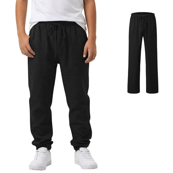 Boys Pull on Black Linen Pants Lightweight Dress Pants Kids School Uniform Summer Casual Beach Pants Elastic Waist with Drawstring 16-17 Years
