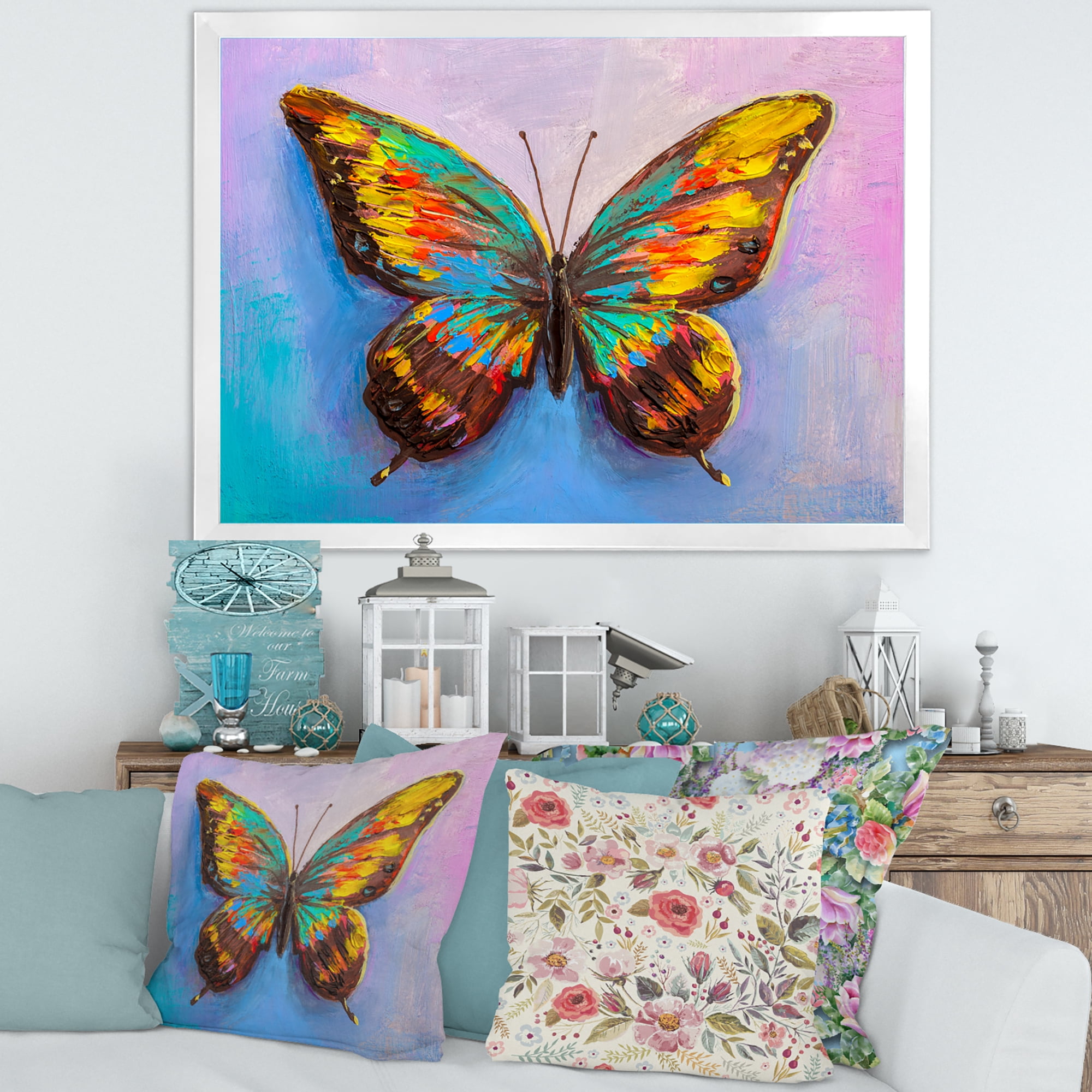 Designart 'Beautiful Butterfly In Orange and Turquoise' Modern Framed Art Print
