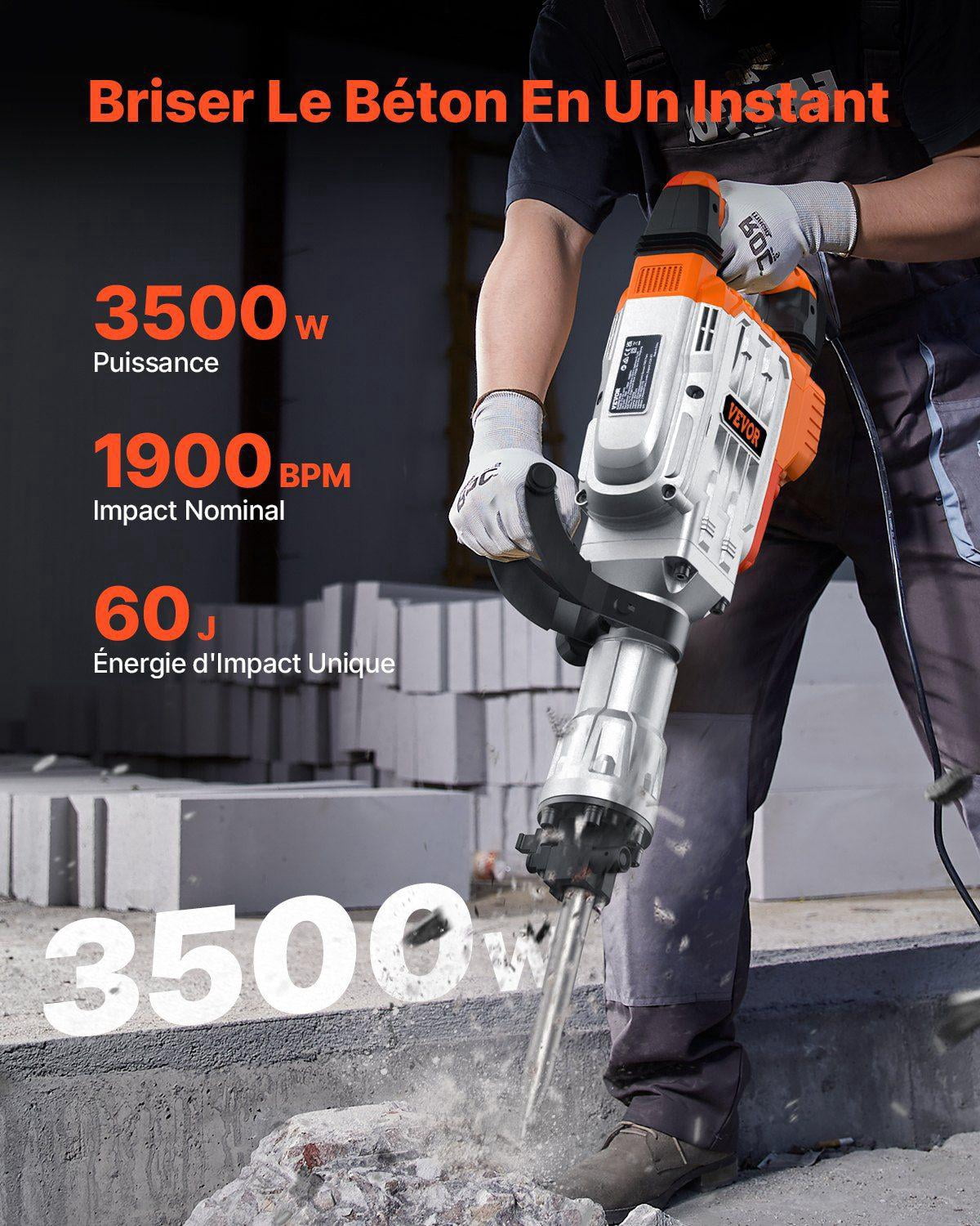 3500W Heavy Duty Electric Demolition Jack Hammer Concrete Breaker 1900 BPM with 360 Celsius Swiveling Front Handle 2 Chisels and Gloves