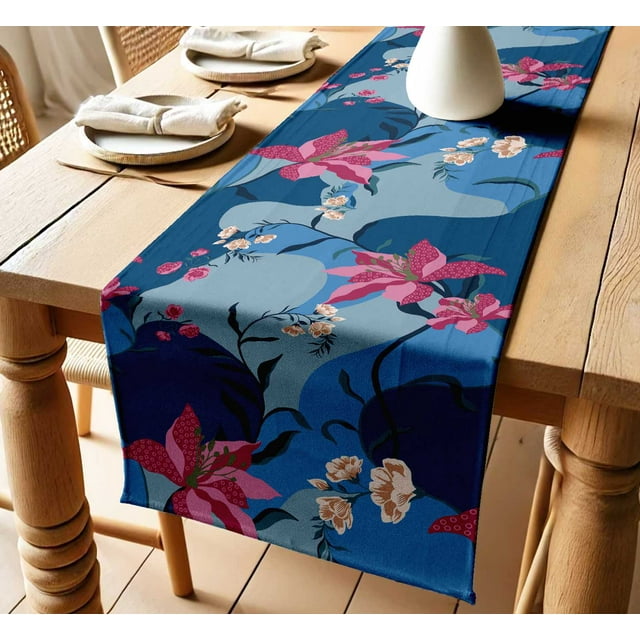 Vargottam Sustainable Cotton Table Runner - Textured Twill Fabric - Elegant Floral Pattern - Washable Runner for Dining, Console, Coffee Tables