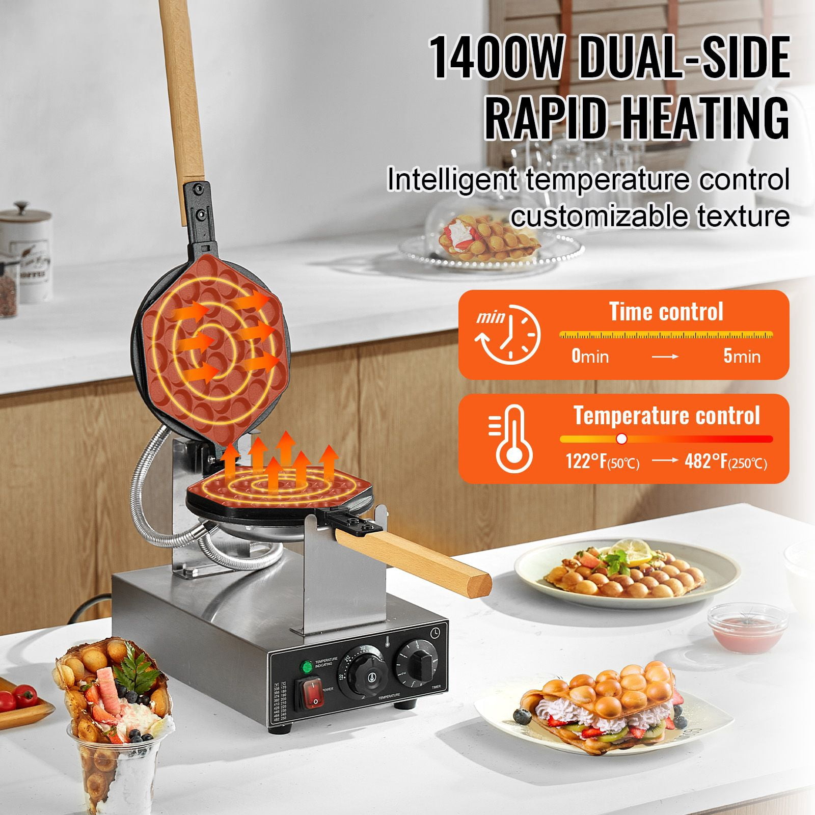 Commercial Bubble Waffle Maker, 1400W Electric Egg Pancake Baker Machine with Non-Stick Plates for Easy Cleaning