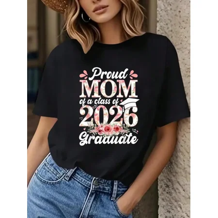 Retro Floral Proud Mom Class of 2026 Graduate T-Shirt Cute Motherhood Graphic Tee Women Graduation Party Outfit