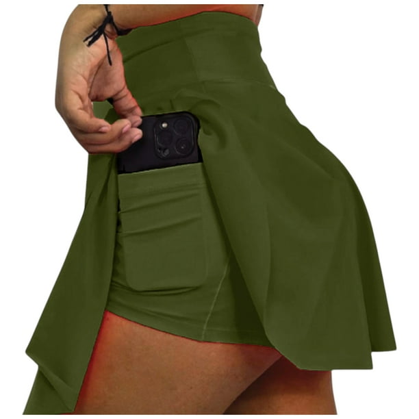 FALDA SHORT DEPORTIVA MUJER PARA TENIS, YOGA, FIT, GOLF, GYM, GIMNASIA, ATLETISMO, SENDERISMO, ACTIVIDADES AL AIRE LIBRE CON BOLSO INTEGRADO 2 EN 1 COLOR VERDE MILITAR