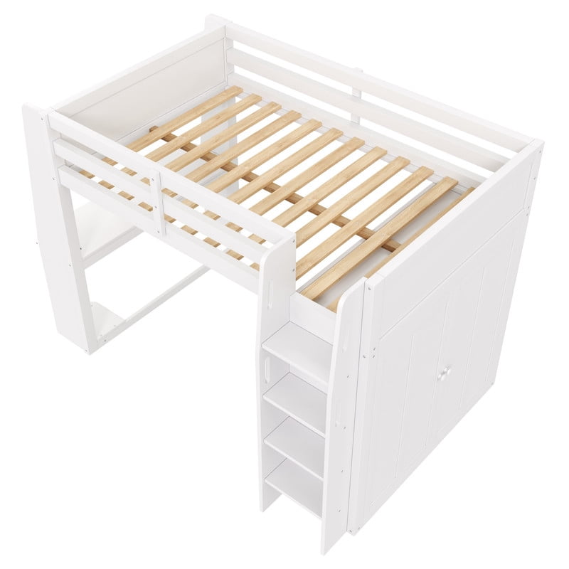 Euroco Wood Full Size Loft Bed with Desk and Wardrobe, High Loft with LED Light and USB Ports, White